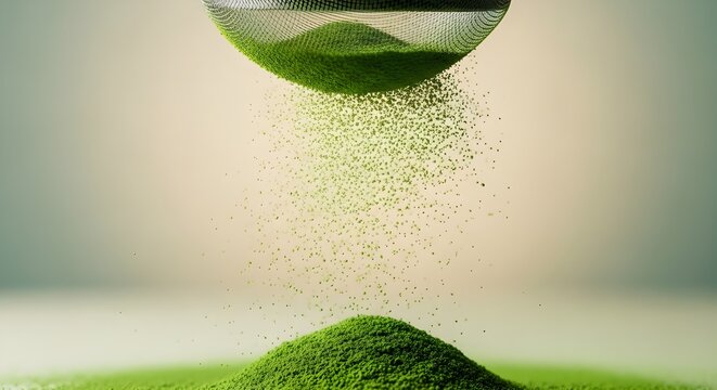 close-up sifting vibrant green matcha powder