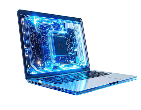Digitally enhanced image of a laptop showcasing its internal circuits glowing with blue light