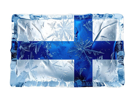 Frozen rectangular block with the blue and white cross symbol of Finland, on a black background