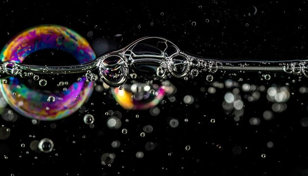 Macro photograph of iridescent soap bubbles floating in liquid against black