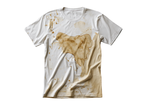 Stained white shirt with large, light brown coffee spill