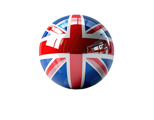 A glossy spherical object reflects a Union Jack flag pattern against a stark black background