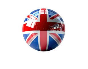 A glossy spherical object reflects a Union Jack flag pattern against a stark black background