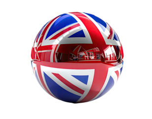 A reflective, spherical rendering of the British flag, bisected and set against a black backdrop