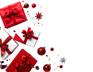 Festive arrangement featuring wrapped presents, ornaments, and festive elements against a dark backdrop