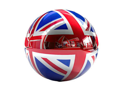 A reflective, spherical rendering of the British flag, bisected and set against a black backdrop