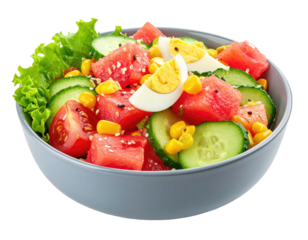 A fresh, vibrant salad, featuring watermelon, cucumbers, eggs, and corn in a gray bowl