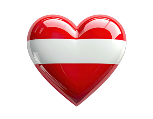 Heart-shaped emblem featuring a glossy, red and white striped design, set against a stark black background