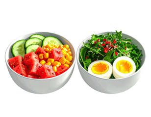 Two bowls of fresh, colorful ingredients, including watermelon, corn, cucumbers, and leafy greens