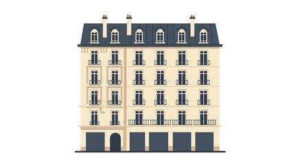 Classic parisian haussmannian building facade with mansard roof and ground floor shops architectural detail facade isolated on white background © Hridoy
