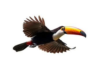 Majestic toucan soaring elegantly through the air shows the exotic beauty of tropical wildlife demonstrates flight capabilities with its wings outstretched capturing the essence