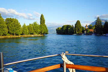 Scenic view of the Aare river from a sightseeing boat, Thun, Switzerland