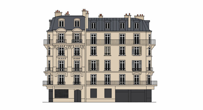 Classic parisian haussmannian apartment building facade detailed architectural representation urban cityscape architecture facade design historic residential architecture isolated on white background