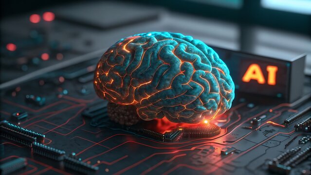 Glowing artificial intelligence brain on a futuristic circuit board with ai text in the background, representing advanced technology and machine learning
