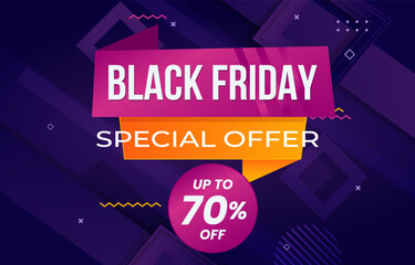 Vibrant Black Friday Special Offer Banner with Pink and Purple Shapes. Features a Bold 70% Off Discount in a Central Circle on a Geometric Background.