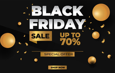 Vibrant Black Friday Sale Banner with Gold Bubbles and Shapes on a Black Background. Announces a Special Offer with Up to 70%