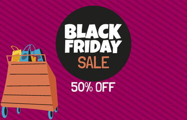 Black Friday 50% Off Sale Banner with an Orange Furniture Cart on a Pink Stripe Background. Modern Retail Promotion for Home and Online Shopping