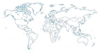 Simple blue outlined world map highlighting all the countries and continents