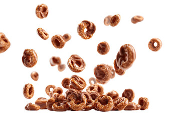 Glazed ring pastries in mid-air, against black