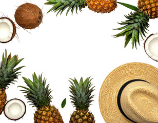 Tropical fruit and sun hat form a border against a black background