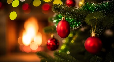 Cozy christmas scene with a decorated evergreen tree and glowing fireplace creating a warm festive atmosphere