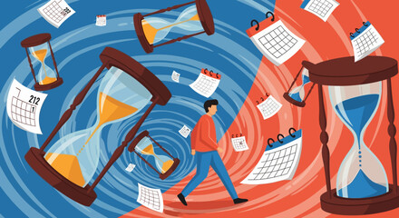 Man Walking Amidst Time Pressure and Deadlines Illustration.