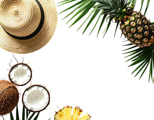 Tropical composition of a straw hat, coconuts, pineapple, and palm fronds on black backdrop