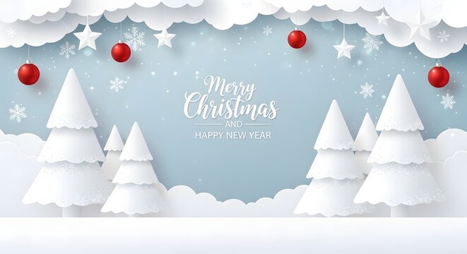 Whimsical paper cutout style winter wonderland scene with snow covered pine trees and festive red ornaments