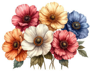 A watercolor bouquet of colorful anemones with detailed petals and dark centers
