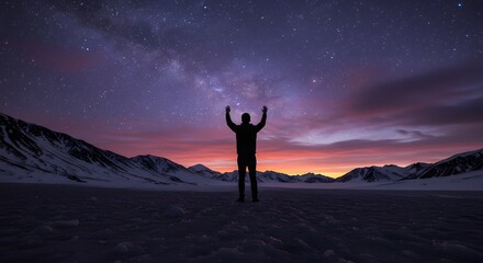 Silhouette of Person Reaching for Stars in Majestic Night Sky Landscape.
