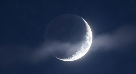 Fototapeta premium Crescent moon glowing brightly in the dark night sky with faint clouds