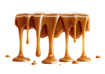 Drizzling, glossy caramel cascades over a flat platform