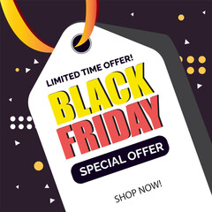 Black Friday limited time offer advertisement featuring a white sale tag with a yellow and orange ribbon. Set against a dark background with abstract yellow and orange shapes