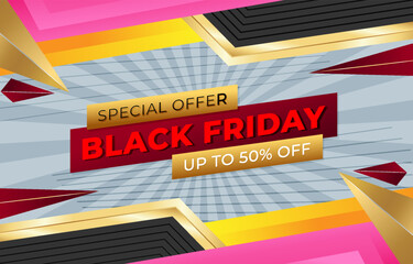 Special Offer Black Friday banner with a retro pixelated tile pattern background  Announces up to 50% off with gold floral accents