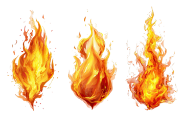 Three stylized flames of orange, red, and yellow