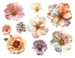 Collection of nine cut-out blossoms, varying in color and style, on a stark black background