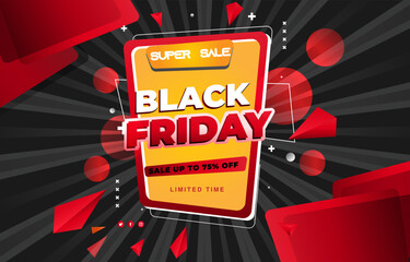 Black Friday Super Sale banner with up to 75% off offer in a central yellow rectangle. Modern red and black geometric background with polygons and shapes