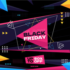 Modern geometric Black Friday ad with a central pink triangle and contrasting typography on a dark blue background. Features up to 50% off offer and a shop now call to action