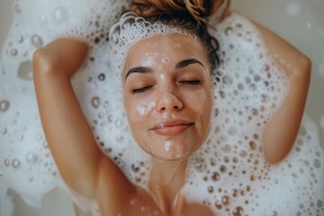 Serene woman enjoys a luxurious spa treatment, relaxing in a bubble bath with a face mask, promoting wellness and skincare