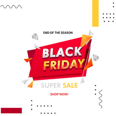Black Friday Super Sale banner with bold white and yellow title on red geometric shapes.