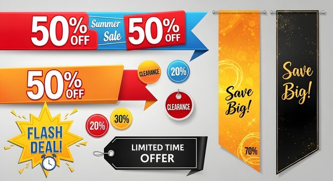 Collection of sale and discount banners and tags for retail promotions