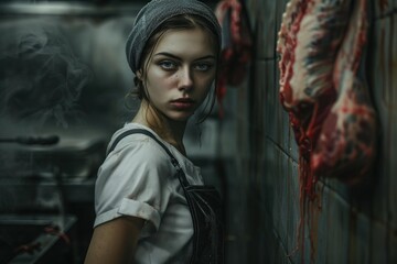 Naklejka premium Female butcher wearing apron and headscarf standing in slaughterhouse with piece of meat hanging on wall