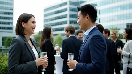 A woman in a gray suit is speaking to a man in a blue suit while holding a glass. The woman and the man are surrounded by colleagues at an outdoor event.