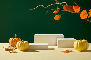 Minimal podium composition with pumpkins, white display blocks, and dry branches. Clean autumn background suitable for product photography and elegant fall designs.