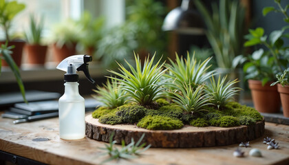 Indoor plant care with spray bottle on wooden display showcasing healthy plants, moss and watering can. Plants receive indoor plant care with a gentle spray, with soft light and greenery.