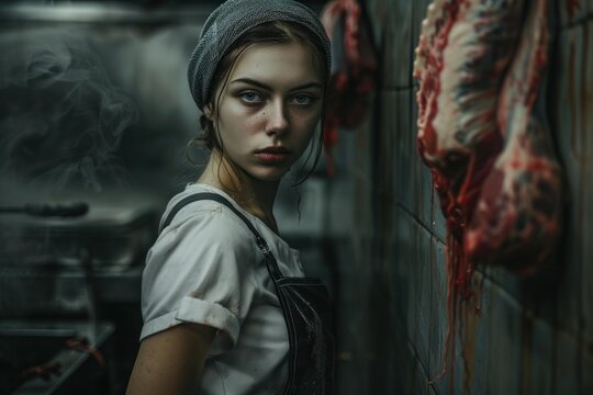 Female butcher wearing apron and headscarf standing in slaughterhouse with piece of meat hanging on wall - Powered by Adobe