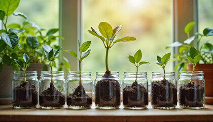 Indoor plant care displayed with seedlings growing in glass jars on windowsill. Indoor plant care routine includes several seedling stages on a sunny window, creating a calming atmosphere.