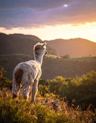 Fototapeta premium A fluffy, light-colored llama stands atop a hill, gazing at a sunset over rolling green hills and trees. The sky is a brilliant orange and yellow