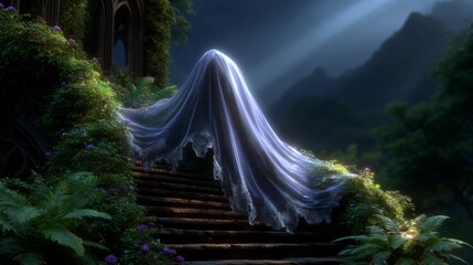 Ethereal ghost draped in flowing veil descends mystical overgrown staircase under moonlight, fantasy scene