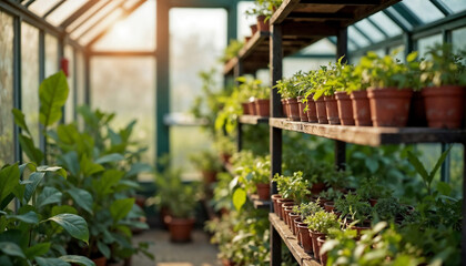 Indoor plant care in glass greenhouse with abundant potted greenery. Indoor plant care includes tending herbs and seedlings arranged on shelves.